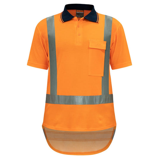 Bison Quick Dry TTMC-W17 Short Sleeve Polo Shirt with reflective stripes, featuring a chest pocket with velcro closure, ideal for safety compliance and high visibility in workplace environments.