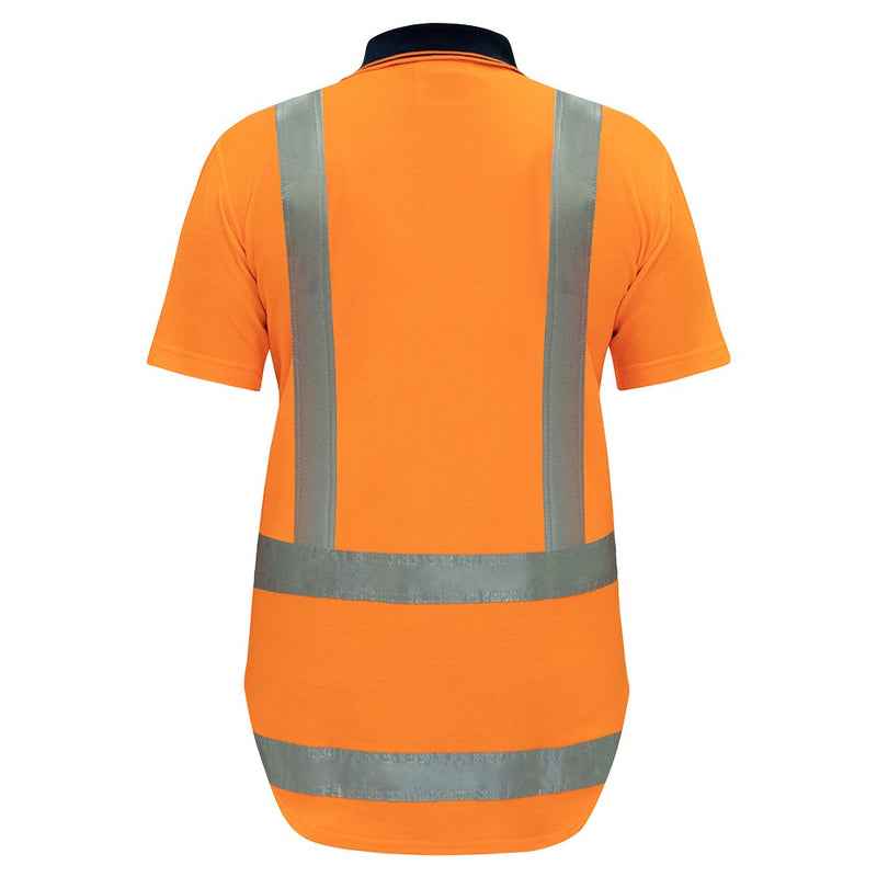 Load image into Gallery viewer, Bison Quick Dry TTMC-W17 Short Sleeve Polo Shirt, back view showcasing reflective tape and chest pocket with velcro flap, designed for high visibility and compliance with safety standards.