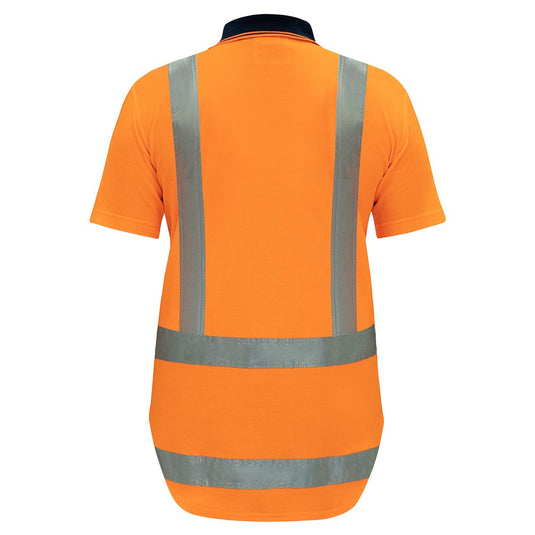 Bison Quick Dry TTMC-W17 Short Sleeve Polo Shirt, back view showcasing reflective tape and chest pocket with velcro flap, designed for high visibility and compliance with safety standards.