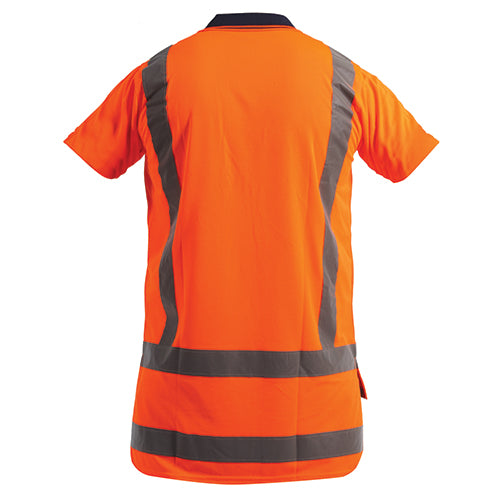 Back view of a Bison TTMC-W Microfibre Short Sleeve Polo Shirt, worn by a person. Features include a slim fit, chest pocket with button closure, made from 100% polyester for workplace safety compliance.