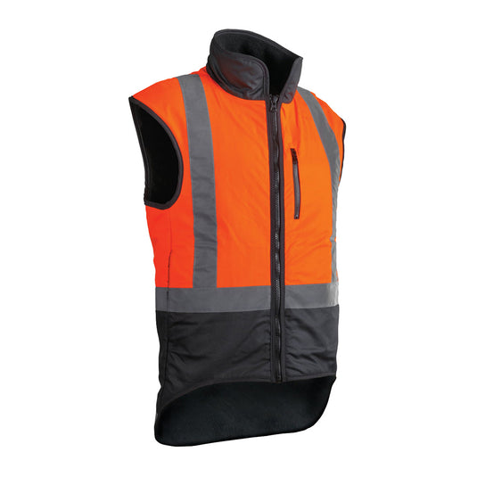 Hi Vis Wax Oilskin Sleeveless Vest featuring fluro and reflective tape for enhanced visibility and safety, designed in the popular oilskin style, ideal for workplace protection and compliance with safety standards.