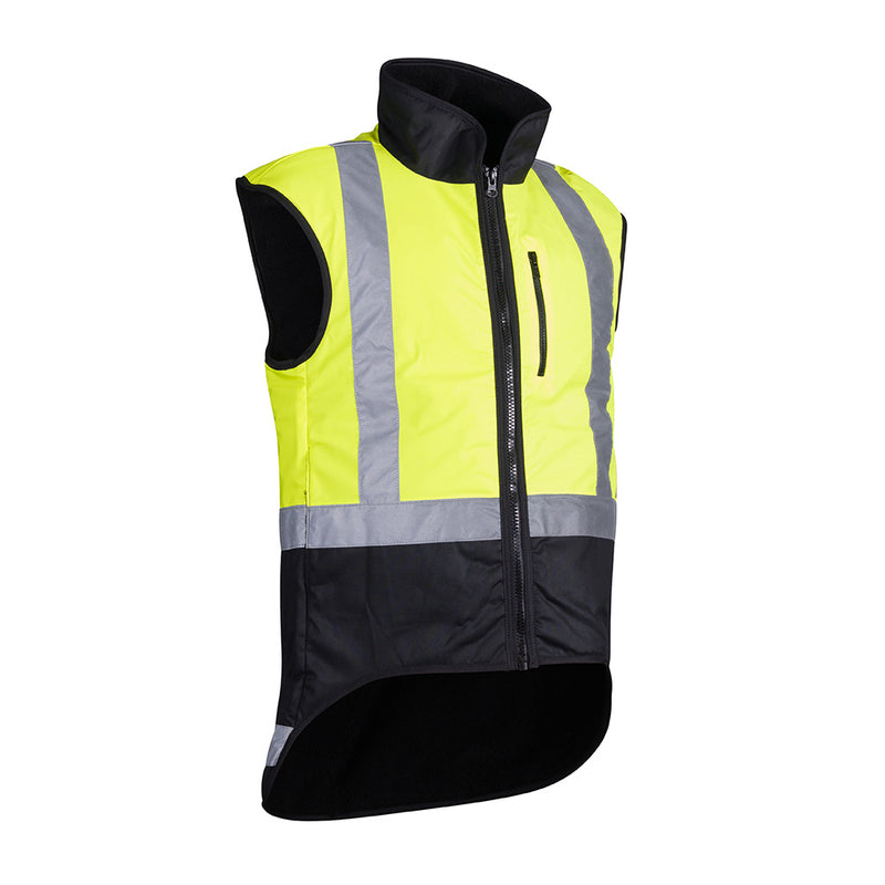 Load image into Gallery viewer, Hi Vis Wax Oilskin Sleeveless Vest featuring a high-visibility design with reflective tape, suitable for safety and work environments. Ideal for enhancing visibility and safety in demanding conditions.