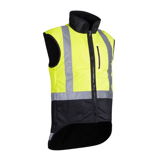 Hi Vis Wax Oilskin Sleeveless Vest featuring a high-visibility design with reflective tape, suitable for safety and work environments. Ideal for enhancing visibility and safety in demanding conditions.