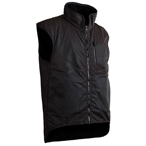 Wax Oilskin Fur Lined Vest featuring a zipper and capped sleeve holes, ideal for general wear and enhanced protection, aligning with Active Safety's commitment to durable and practical workwear solutions.