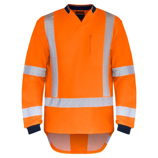 Bison Quick-Dry Cottonback TTMC-W L/S Polo featuring long sleeves, a sports style collar, and reflective stripes, designed for high visibility and comfort with a zipped chest pocket. Ideal for safety workwear.