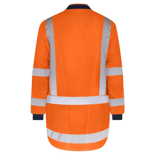Bison Quick-Dry Cottonback TTMC-W L/S Polo, featuring a back view of the long-sleeved orange jacket with a sports-style collar, zipped chest pocket, and reflective elements, ideal for safety workwear.
