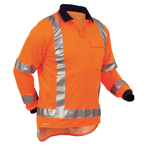 Bison TTMC-W17 X-Back Long Sleeve Polo features high-visibility orange with reflective stripes, external velcro pocket, and moisture-wicking fabric, ideal for safety and comfort in active work environments.