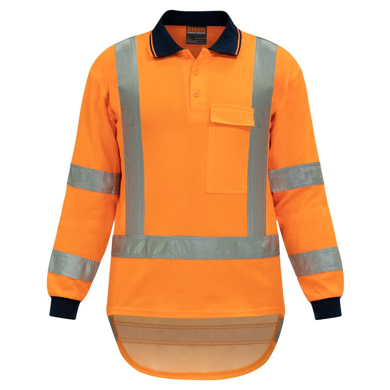 Load image into Gallery viewer, Bison TTMC-W17 Long Sleeve Cotton Back Polo featuring grey reflective stripes, chest pocket with velcro flap, and wicking panels for ventilation, ideal for safety work environments.