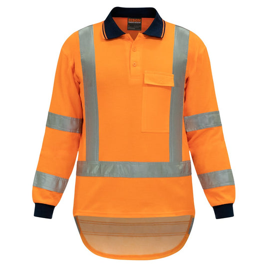 Bison TTMC-W17 Long Sleeve Cotton Back Polo featuring grey reflective stripes, chest pocket with velcro flap, and wicking panels for ventilation, ideal for safety work environments.