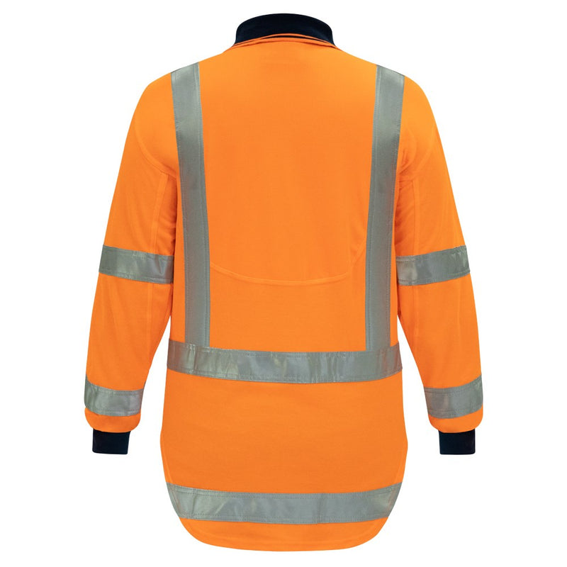 Load image into Gallery viewer, Bison TTMC-W17 Long Sleeve Cotton Back Polo, featuring a back view with stretch reflective tape and wicking panels for comfort, designed for high-visibility and compliance with TTMC-W17 standards.
