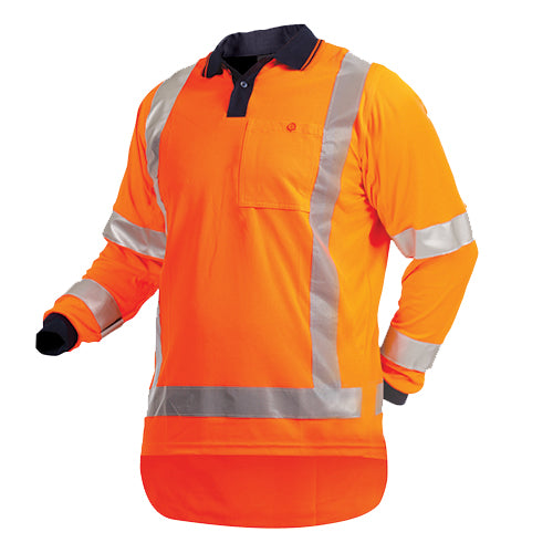 Bison Microfibre TTMC-W17 Long Sleeve Polo featuring reflective stripes, chest pocket with button closure, and a duck tail design, ideal for high-visibility and safety compliance in work environments.