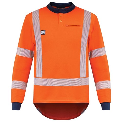 Arcguard 10cal Inheratex TTMC-W17 Polo Shirt features a mandarin collar, left chest zip pocket, and heat-applied FR reflective tape, meeting Hi-Vis standards for enhanced workplace safety.