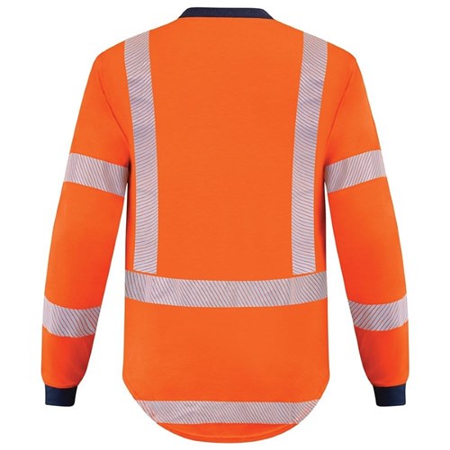 Back view of the Arcguard 10cal Inheratex TTMC-W17 Polo Shirt, featuring a Mandarin collar, zip pocket on the left chest, and heat-applied FR segmented reflective tape, suitable for high visibility safety requirements.