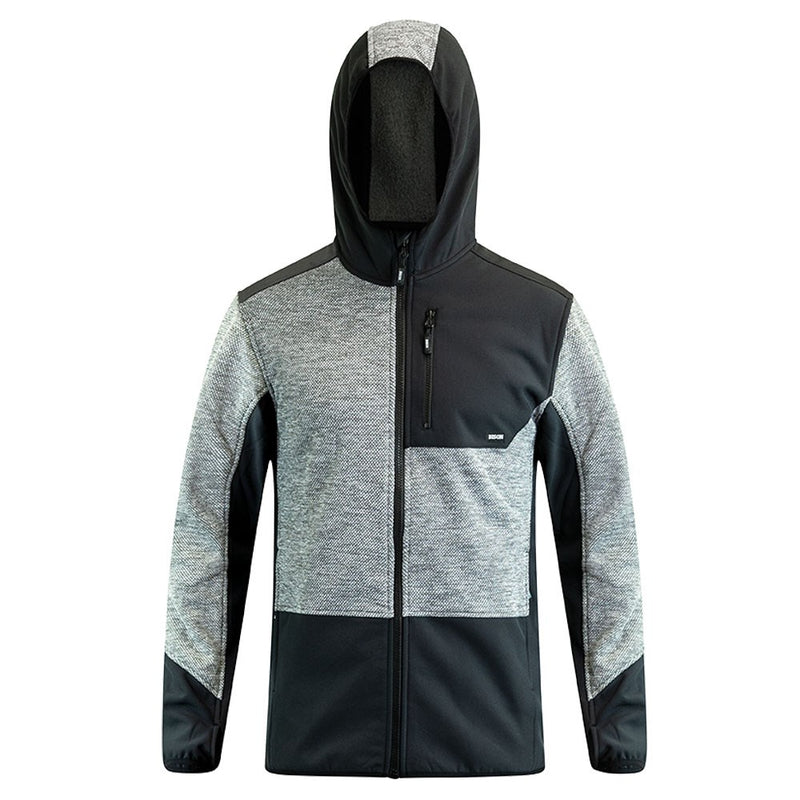 Load image into Gallery viewer, Bison Hooded Contrast Sweatshirt, featuring a black and grey design with a hood, zipper, and thumb holes. Includes a right chest zip pocket and zipped side pockets for practicality.