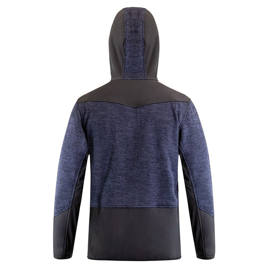 Bison Hooded Contrast Sweatshirt featuring a zip front, chest and side pockets, thumb holes, and softshell contrast panels, ideal for safety and workwear needs.