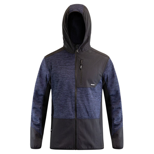 Bison Hooded Contrast Sweatshirt featuring a hood, front Vislon zipper, and zipped chest pocket. Designed with softshell contrast panels and thumb holes, ideal for safety and workwear environments.