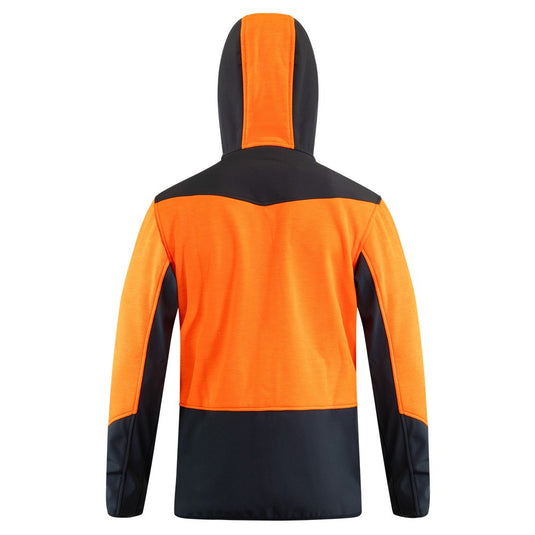 Bison Hooded Contrast Sweatshirt featuring a zip front and softshell contrast panels, designed with thumb holes at sleeve cuffs and multiple zip pockets for practicality and style. Ideal for active safety needs.