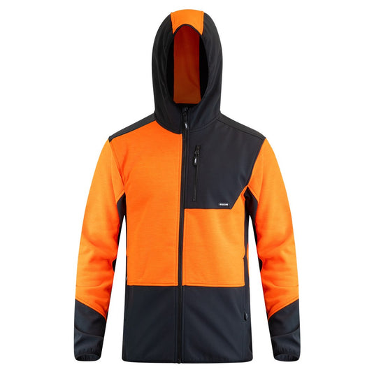 Bison Hooded Contrast Sweatshirt featuring a black and orange design with a Vislon zip front, zipped chest and side pockets, softshell contrast panels, and thumb holes at sleeve cuffs, ideal for safety workwear.
