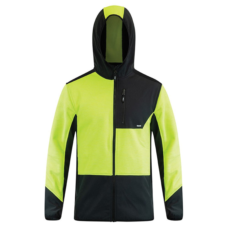Load image into Gallery viewer, Bison Hooded Contrast Sweatshirt featuring a #5 Vislon zip front, zipped chest and side pockets, and thumb holes at cuffs, designed with softshell contrast panels for functional outdoor safety.