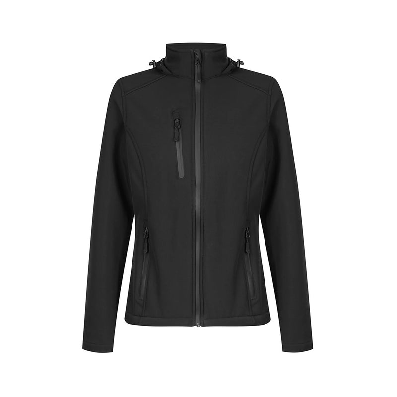 Load image into Gallery viewer, Olympus Womens Soft Shell Jacket featuring zippers, a concealed hood, and multiple zip pockets, ideal for active safety needs with a water repellent and wind resistant finish.