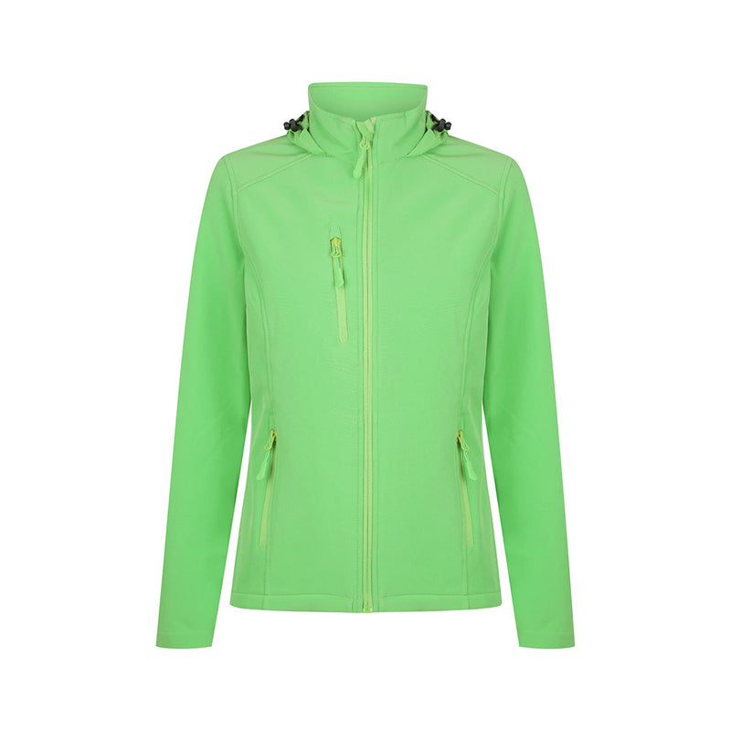Load image into Gallery viewer, Olympus Womens Soft Shell Jacket, featuring a concealed hood and shaped back tail, designed with a light water repellent finish. It includes two side zip pockets and one chest zip pocket for functional outerwear.
