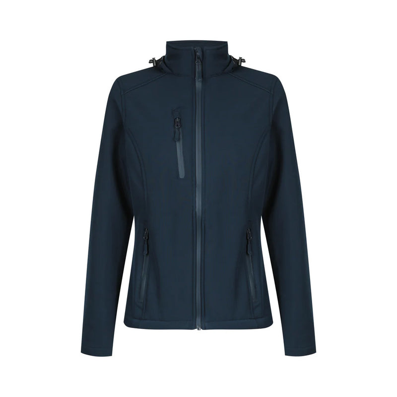 Load image into Gallery viewer, Olympus Womens Soft Shell Jacket featuring a sleek design with zippers, two side zip pockets, one chest zip pocket, and a concealed hood. Ideal for wind resistance and light water repellency.