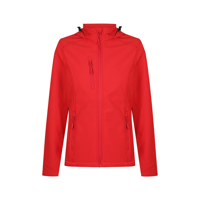 Load image into Gallery viewer, Olympus Womens Soft Shell Jacket featuring zippers, concealed hood, and shaped back tail. Designed with a water repellent and wind-resistant finish, ideal for active safety and workplace environments.