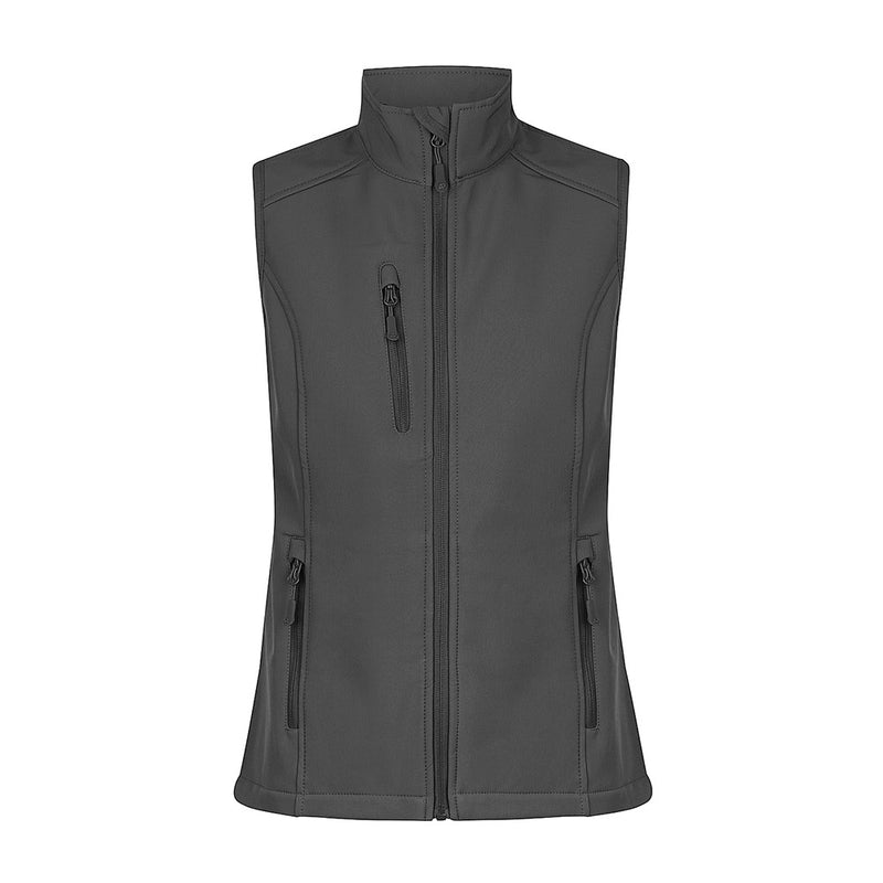 Load image into Gallery viewer, Olympus Ladies Soft Shell Vest with a 3-layer performance design, featuring two side zip pockets, a chest zip pocket, and a shaped back tail for warmth, ideal for safety and work environments.