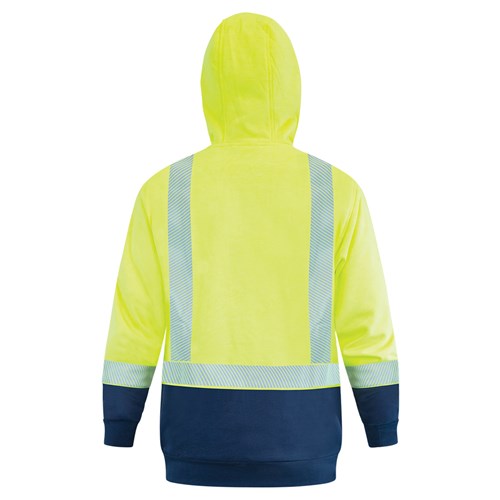 Arcguard 18.4Cal Inheratex Hooded Sweatshirt, Yel/Nav, featuring blue stripes, a quarter-zip front, and zipped waist pockets, designed for safety with segmented reflective tape for hi-vis day/night compliance.
