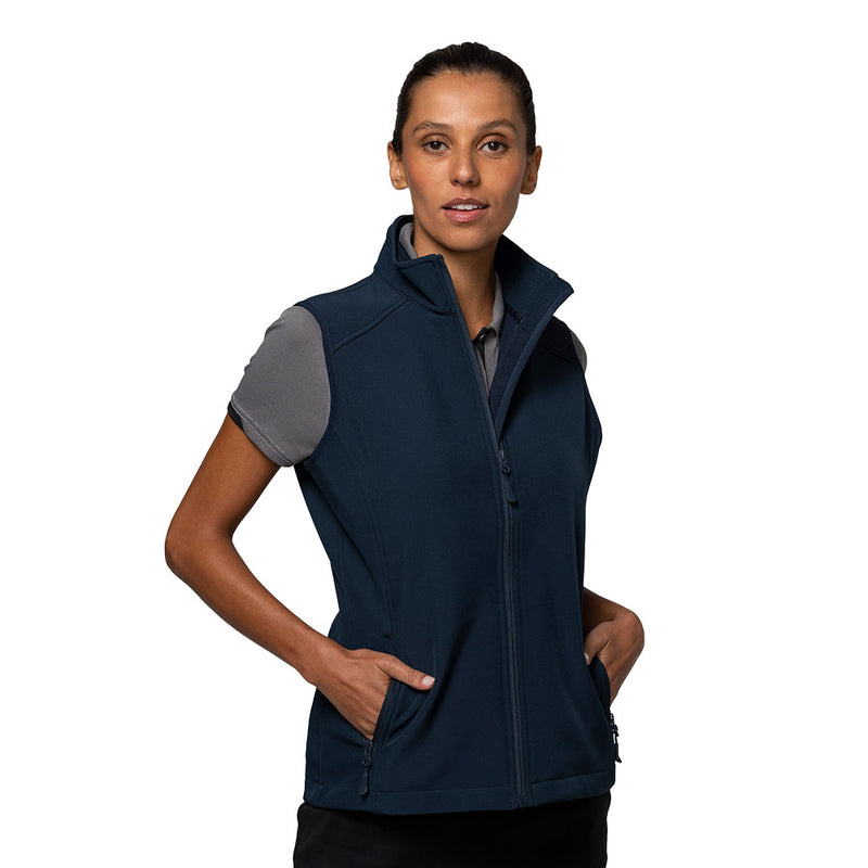 Load image into Gallery viewer, Selwyn Ladies Softshell Vest, featuring a medium weight, water-repellent, and wind-resistant design with a shaped back tailed hem, two zip pockets, and a two-layer performance shell, ideal for workplace safety.