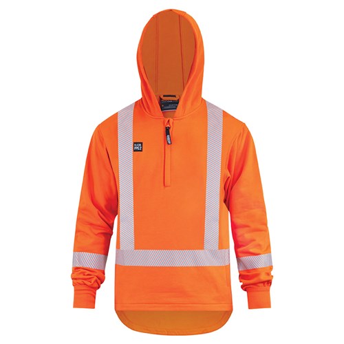Load image into Gallery viewer, Arcguard 18.4Cal Inheratex TTMC-W17 X-Pattern Hooded Sweatshirt featuring reflective stripes, a quarter-zip front, and zipped waist pockets, ideal for safety and visibility in work environments.