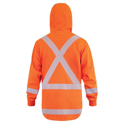 Arcguard 18.4Cal Inheratex TTMC-W17 X-Pattern Hooded Sweatshirt shown with quarter-zip, zipped waist pockets, and segmented reflective tape, ideal for safety wear, worn by a person.