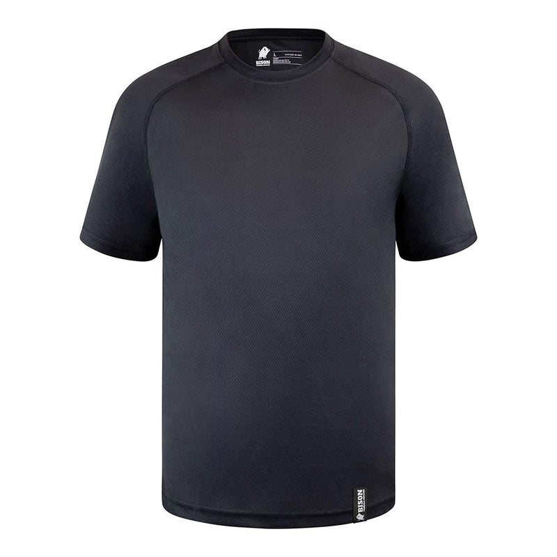 Load image into Gallery viewer, Bison Recycled Polyester T-Shirt, Black, features an active design with a white logo, crafted from 100% recycled polyester for performance and comfort, ideal for safety-focused, active work environments.