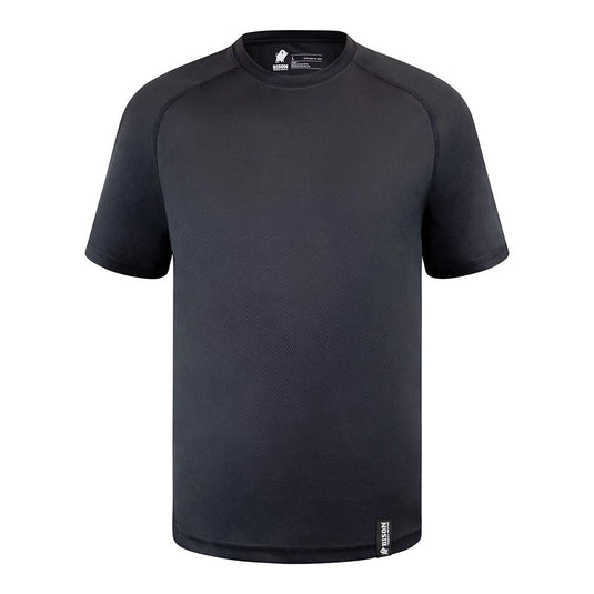 Bison Recycled Polyester T-Shirt, Black, features an active design with a white logo, crafted from 100% recycled polyester for performance and comfort, ideal for safety-focused, active work environments.