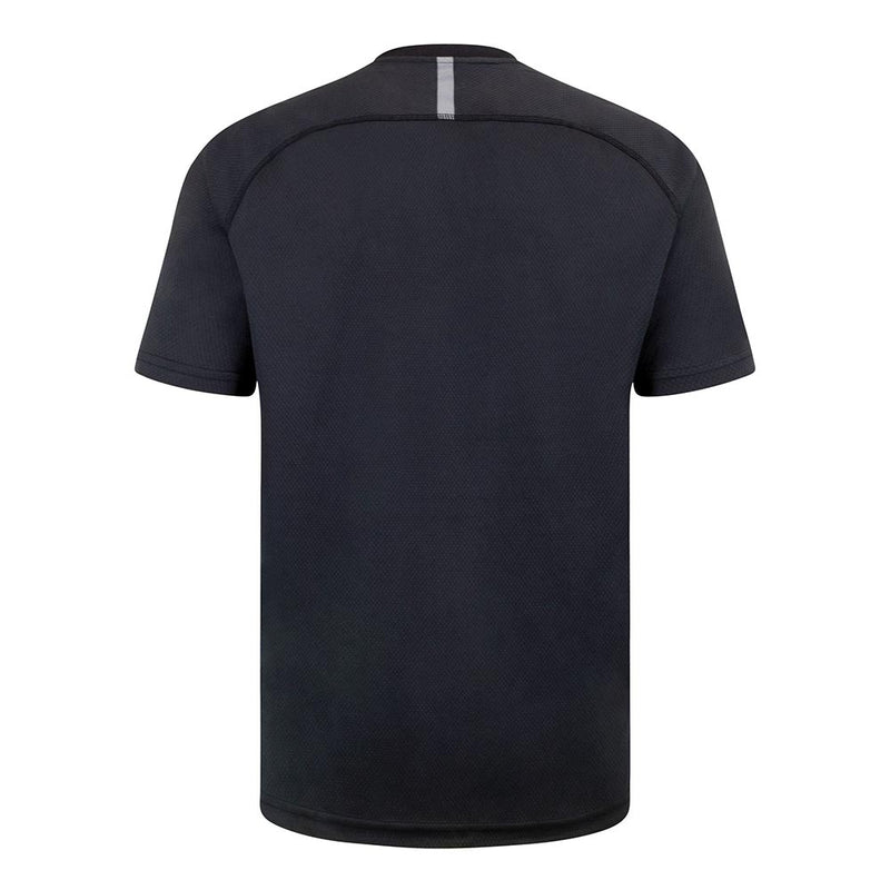 Load image into Gallery viewer, Bison Recycled Polyester T-Shirt, Black, featuring a white stripe, designed for performance with wicking fabric and anti-microbial finish. Ideal for active settings, offering comfort, ventilation, and UPF 30 sun protection.