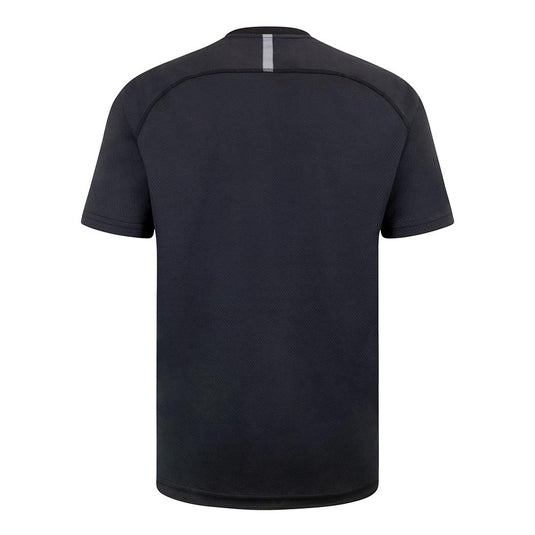 Bison Recycled Polyester T-Shirt, Black, featuring a white stripe, designed for performance with wicking fabric and anti-microbial finish. Ideal for active settings, offering comfort, ventilation, and UPF 30 sun protection.