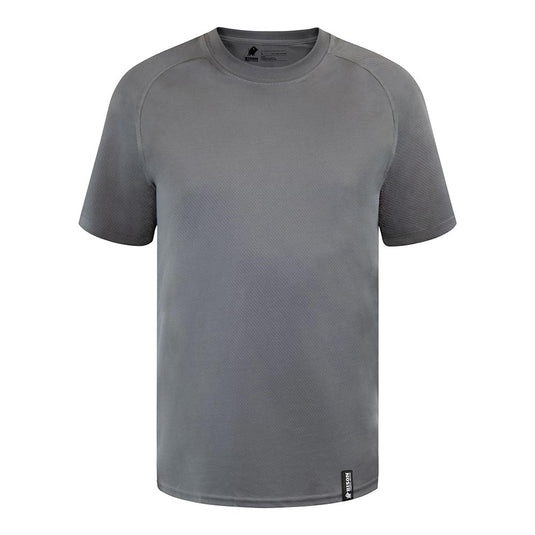 Bison Recycled Polyester T-Shirt in grey, designed for active performance with short sleeves and a sleek fit, ideal for movement and comfort. Features moisture-wicking and anti-microbial properties for workplace versatility.