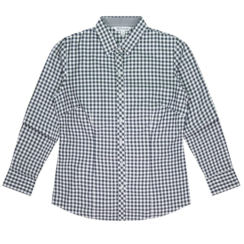 Load image into Gallery viewer, Brighton Ladies Long Sleeve Check Shirt features a black and white checkered pattern, buttoned front, and tailored fit. It includes a houndstooth check inside the collar and a unique Magic button for a polished look.