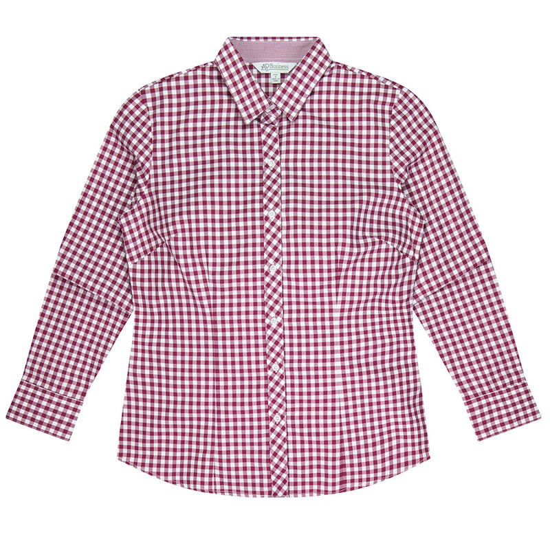 Load image into Gallery viewer, Brighton Ladies Long Sleeve Check Shirt featuring a red and white plaid pattern, showcasing a subtle houndstooth check inside the collar and anti-gape Magic button on the placket.