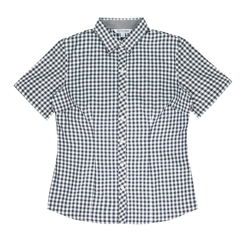 Load image into Gallery viewer, Brighton Lady Shirt Short Sleeve featuring a black and white checkered pattern with a houndstooth detail inside the collar, inverted V sleeve, and magic button for bust comfort. Ideal for workplace attire.