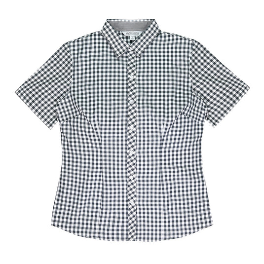 Brighton Lady Shirt Short Sleeve featuring a black and white checkered pattern with a houndstooth detail inside the collar, inverted V sleeve, and magic button for bust comfort. Ideal for workplace attire.