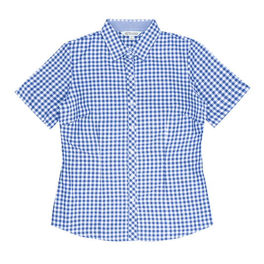 Brighton Lady Shirt Short Sleeve featuring a blue and white checkered pattern, subtle houndstooth inside the collar, and a unique inverted V on the sleeve, designed for comfort and style.