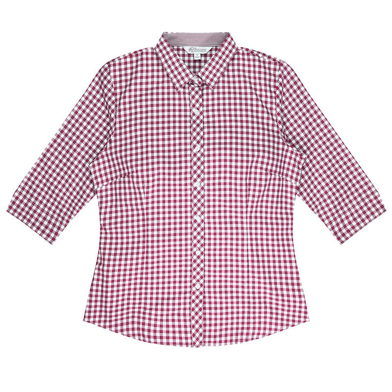 Load image into Gallery viewer, Brighton Ladies Shirt 3/4 Sleeve features subtle houndstooth check inside the collar, an inverted V on the sleeve, and a magic button to prevent gaping, ideal for workplace uniform needs.