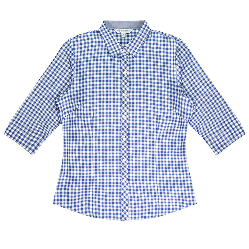 Load image into Gallery viewer, Brighton Ladies Shirt 3/4 Sleeve features a subtle houndstooth check inside the collar, an inverted V on the sleeve, and a magic button preventing gaping, ideal for professional or safety settings.
