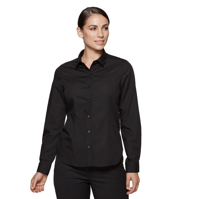 Load image into Gallery viewer, Kingswood Ladies Long Sleeve Shirt, featuring a feminine cut and lightweight fabric, shown worn by a woman with a focus on the shirt's button and collar details. Ideal for professional and casual settings.