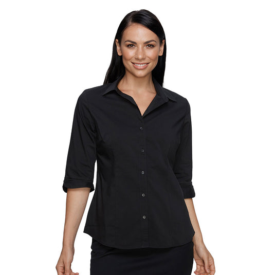 Kingswood Lady Shirt 3/4 Sleeve features a feminine cut with a collar and buttons. Ideal for active safety environments, this lightweight, quick-dry shirt is crafted from durable polyester-cotton blend.