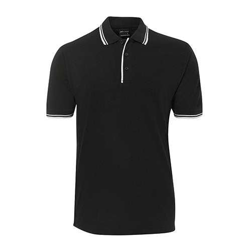 Load image into Gallery viewer, JB's Contrast Polo Shirt features a black design with white stripes, knitted collar, and durable pique knit fabric. Ideal for workplace settings, it offers comfort and UPF protection, aligning with Active Safety's workwear range.