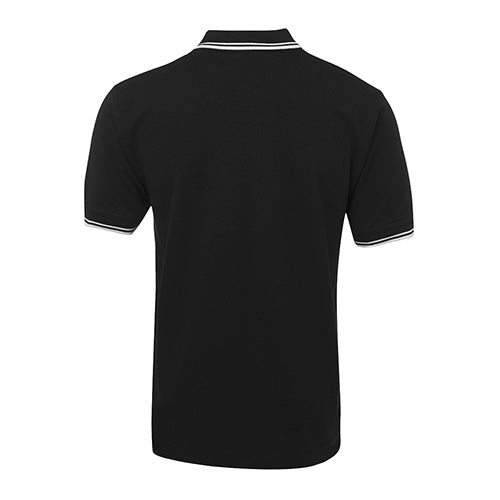 JB's Contrast Polo Shirt featuring white stripes, crafted from durable polyester and comfortable cotton. This classic fit has a knitted collar, straight hem with side splits, ideal for active safety workwear.
