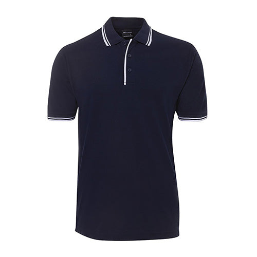 JB's Contrast Polo Shirt features white stripes across its blue fabric, a classic fit with a knitted collar, and a straight hem with side splits, ideal for workplace safety uniforms.