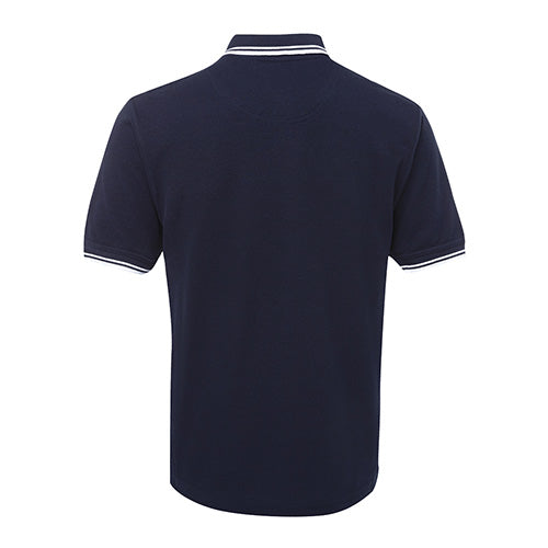 JB's Contrast Polo Shirt, featuring a black design with white stripes, showcases durability with its 65% polyester and 35% cotton blend. Ideal for workwear, it includes a classic fit and UPF protection.